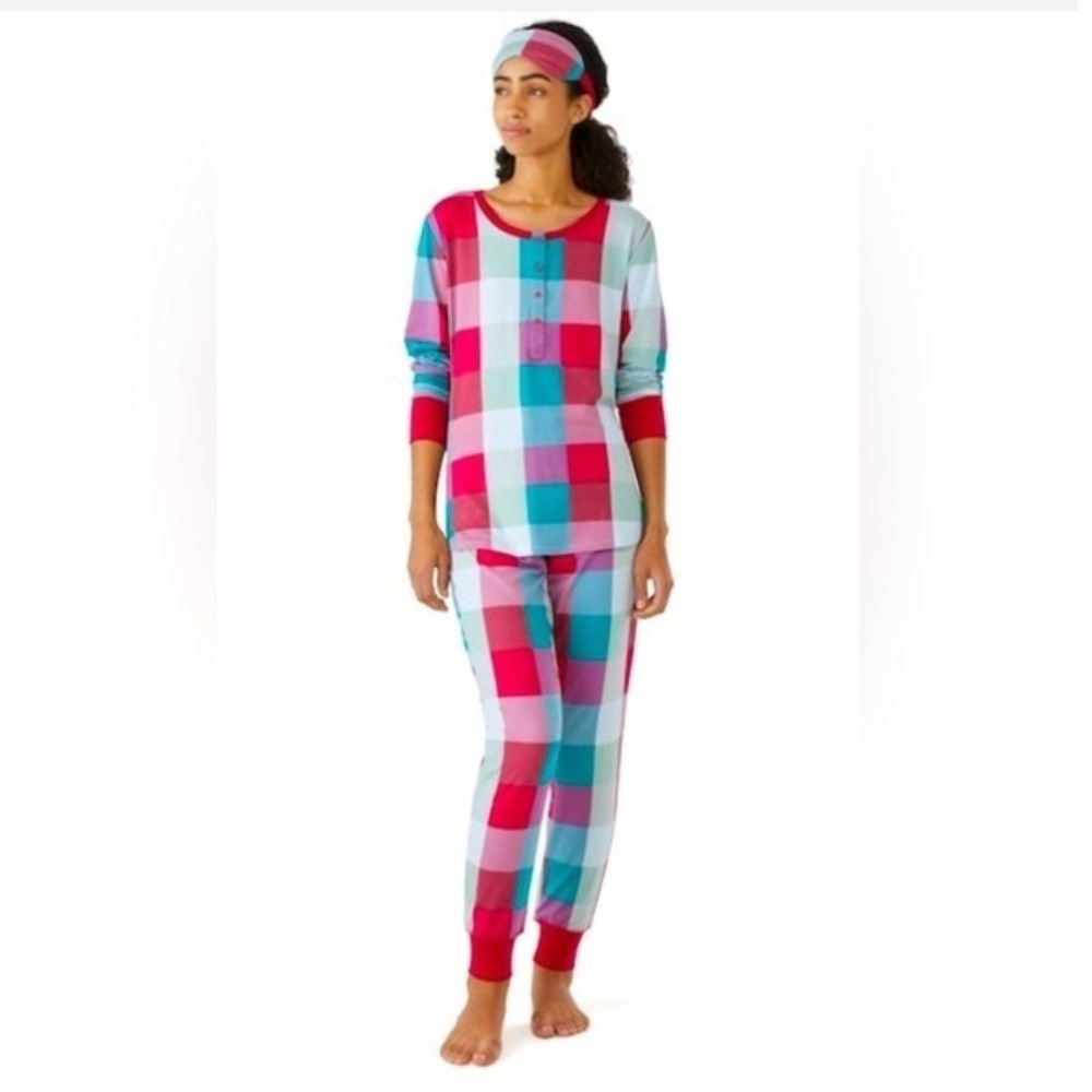 Kate Spade New York Womens XL Plaid Henley Jogger‎ Pajama Set with Eye Mask